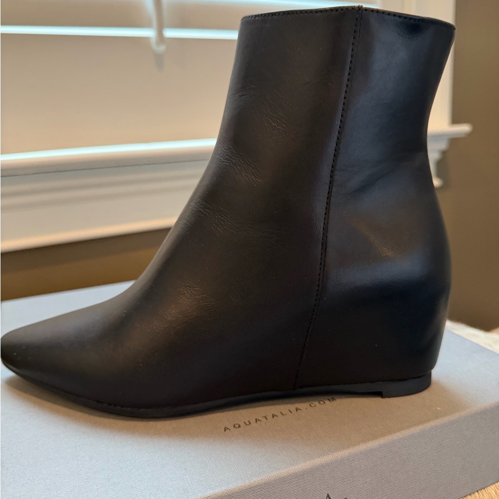 Aquatalia Black Leather Hidden-Wedge Ankle Bootie